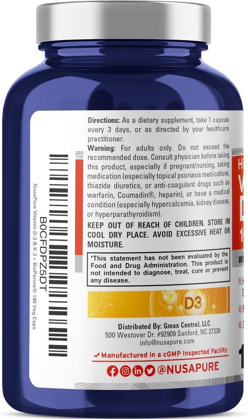 NusaPure Vitamin K2 (MK7) (200mcg) + Vitamin D3 (10000 IU) 180 Veg Caps - Bioperine, Soyfree, Non-GMO...