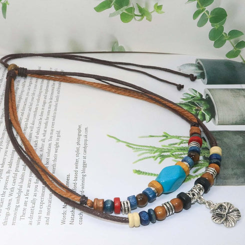 Boho Necklace Woman Tribal Layered Necklace Retro Boho Style Turquoise Necklace Braided Necklace for Woman Retro Fashion Adjustable Hemp Cords Woo...