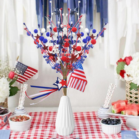 Zerzsy 2pcs Patriotic Berry Picks, Artificial Berry Stems 18" Red Blue Star Floral Picks for Floor Vase Decor, Faux Fur Ball Branches for Home Dec...