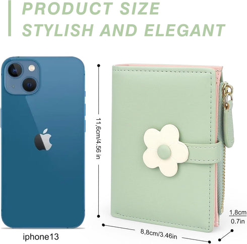 Cute Wallets for Women, Bifold RFID Blocking Small Womens Wallet with Zipper Coin Pocket (Green,Flower)...
