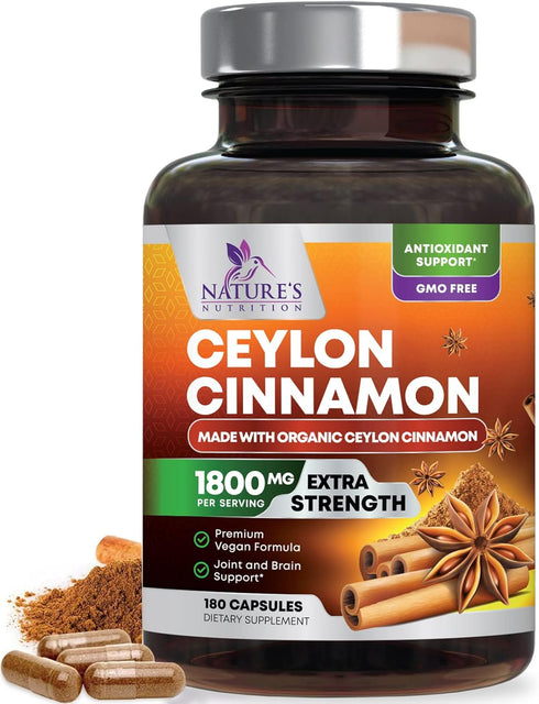 Pure Cinnamon Capsules, Certified Organic Ceylon Cinnamon Pills, Non-GMO, Gluten-Free, Dairy-Free, Sri Lanka Cinnamon Powder Supplement, Best Vega...