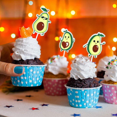 18pcs Glitter Fruit Avocado Cupcake Toppers - Fiesta Party Avocado Cupcake Toppers Supplies - Happy Avocado Holy Guacamole Party Dessert Food Pick...