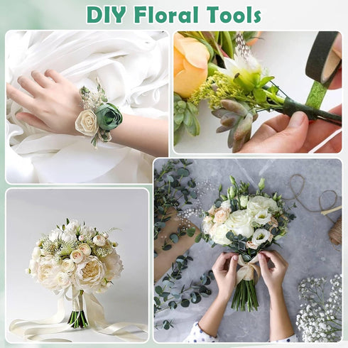 PAXCOO Floral Tape and Floral Wire Arrangement Tool Kit with Green Floral Tape, Floral Wire, Boutonniere Flower pin, Wire Cutter, White Ribbon and...