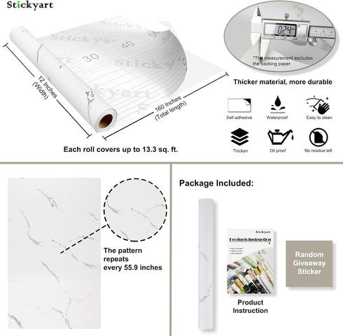 Stickyart Thick Marble Contact Paper Peel and Stick White Marble Wallpaper Matte Contact Paper for Bathroom Countertops Removable Marble Wallpaper...