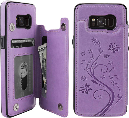 Vaburs S8 Case Wallet with Card Holder, Embossed Butterfly Premium PU Leather Double Magnetic Buttons Flip Shockproof Protective Case Cover for Sa...