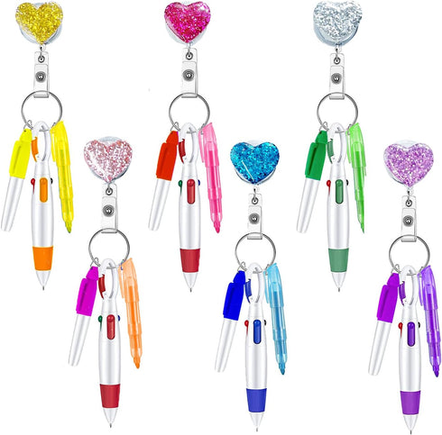 6PCS Heart Glitter Nurse Badge Reel Pen Kit, Mini Highlighter, Permanent Marker, Ballpoint Pen, Retractable Keychain Nurse Badge Holder Accessorie...