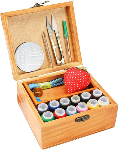 Sewing Kit, Wooden Sewing Kit Box for Adults, Wooden Sewing Basket with Accessories, Home Sewing Basket Stitching Repair Kit for Beginner, Women, ...