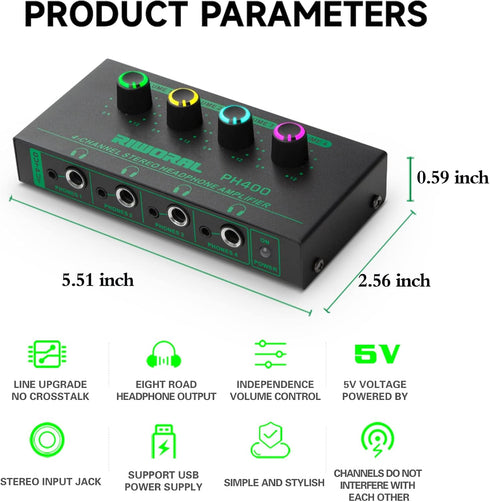 4 Channels Headphone Amplifier with 1/4" and 1/8" TRS Jack Input for Dj Mixer Headphone Mixer Amps Headphone Splitter with Separate Volume Control...