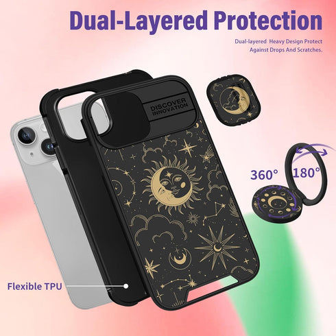 (2in1 for iPhone 15 Plus Case for Women Girls Cute Sun Moon Star Cover Girly Pretty Black Aesthetic Unique Design with Camera Cover and Ring Stand...