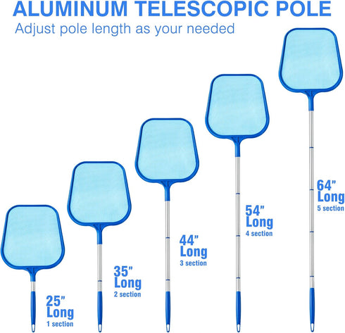 Pool Skimmer - Pool Skimmer Net with 5 Section Adjustable Telescopic Aluminum Pole, 25''- 64'', Pool Net Skimmer Rake with Ultra Fine Mesh , Pool ...