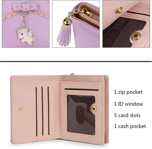 Uromee Girls Wallet Small Card Holder Women Purse Bifold Vegan Leather Zipper Coin Pocket Cute Unicorn Pendant Tassel...
