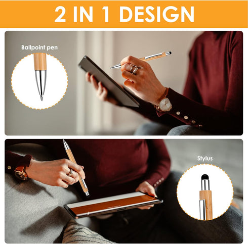 Retractable Ballpoint Pen with Stylus Tip, 10 Bamboo Wooden Ball Point Pens with 10 Replaceable Refills 1.0mm Medium Point Black Ink Pen Stylus Pe...