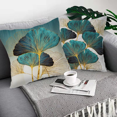 Throw Pillow Cover Green Plant Leaves - 18 x 18 Inch Teal Pillow Cushion Cover - Set of 2 Turquoise Ginkgo Leaf Cushion Case, Great for Sofa, Bedr...