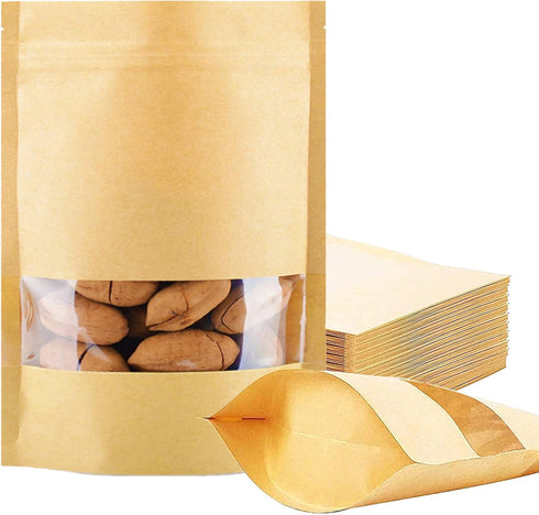 100 Pcs Resealable Stand Up kraft Paper Bags with Window for Packaging Products, Reusable Zip Lock Food Storage Pouch Bags (3.5" x 5.5")...