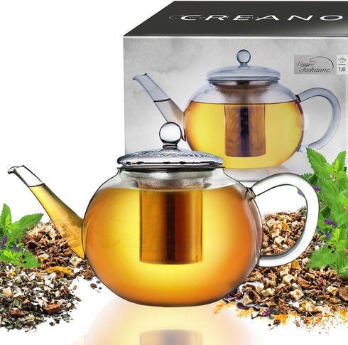 Creano glass teapot 54oz (1600ml), tea maker with integrated stainless steel infuser and glass lid, ideal for preparing loose teas, drip-free, all...