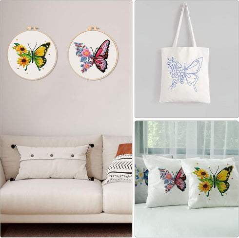tyrixma 3 Sets Embroidery Starter Kit with Butterfly Flower Pattern for Beginners, Cross Stitch Kits for Adults with 3 Embroidery Hoops, Color Thr...