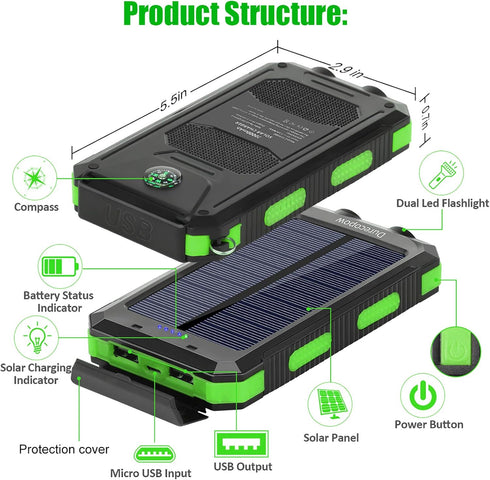 Solar Charger, 20000mAh Portable Outdoor Waterproof Solar Power Bank, Camping External Backup Battery Pack Dual 5V USB Ports Output, 2 Led Light F...