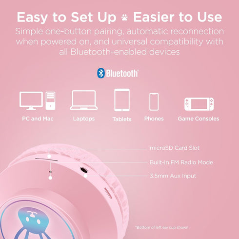 HyperGear Bunny Ears Bluetooth Wireless Headphones - Kids Portable/Foldable LED Light Up Over Ear Headset w/Built-in Mic & Controls for iPhone, iP...