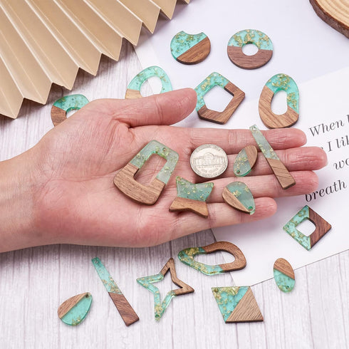 FASHEWELRY 30Pcs Transparent Resin Wood Earring Charms Gold Foil Teardrop Rhombus Oval Wooden Resin Charms Vintage Geometric Wood Statement for Je...