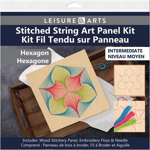 LEISURE ARTS Wood Stitched String Art Kit with Hexagon, wooden stitchery kits for craft embroidery, perfect for intermediate skill level, complete...