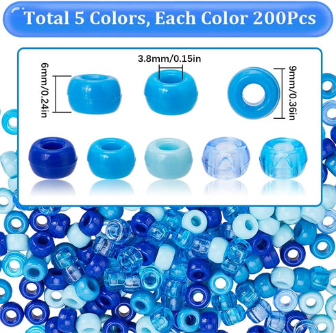 SUNNYCLUE 1000Pcs 6x9mm Pony Beads Bulk 5 Styles Blue Pony Beads Kandi Beads Hair Braid Beads Opaque Transparent Blue Plastic Pony Craft Beads for...