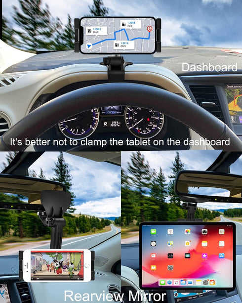 Dashboard Clip Car Phone Mount, woleyi Car Sun Visor & Rearview Mirror Clamp Phone Tablet Holder with Adjustable Arm for iPhone 14 Pro Max 13 12 1...