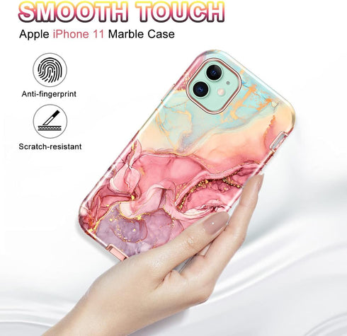 CASEFIV Compatible with iPhone 11 Case,Marble Pattern 3 in 1 Heavy Duty Shockproof Full Body Rugged Hard PC+Soft Silicone Drop Protective Women Gi...