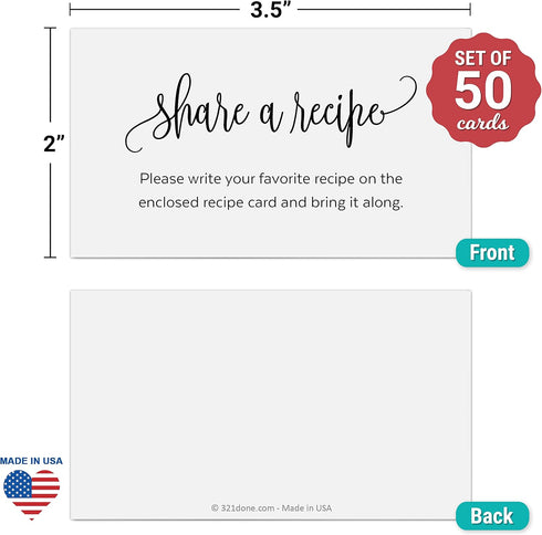 321Done Request a Recipe Card, Made in USA - 3.5x2 White, Modern Script - Little Share a Recipe Insert Card for Bridal Shower Game, Keepsake, Heav...