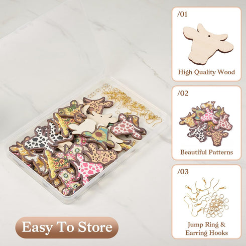 Craftdady 40Pcs Wood Cow Charms Earring Making Kit Sunflower Cattle Boho Pendants with Brass Jump Ring & Earring Hooks for Crafts DIY Keychain Jew...