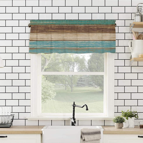 Rustic Farmhouse Valances Curtains for Kitchen Windows, Retro Wood Rod Pocket Curtain Toppers Teal Green Brown Country Short Curtains Treatments f...