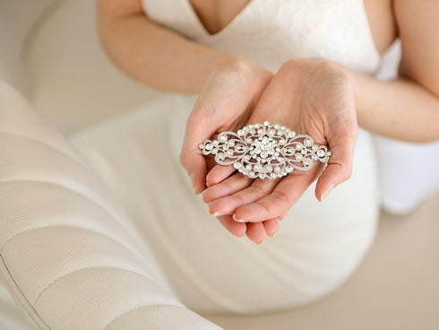 Mariell Vintage Bridal Crystal Brooch Pin, 4" Wide, Antique Silver Wedding Pin, Rhinestone Brooch for Brides and Wedding, Art Deco Fashion Accesso...