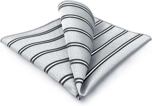 S&W SHLAX&WING Striped Mens Pocket Square Grey with Silver Black Stripes for Suit Jacket...