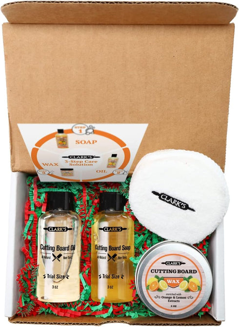 CLARK'S Cutting Board Care Kit, Includes Wood Cutting Board Oil, Soap, Wax, and Buffing Pad, Food Grade Mineral Oil, Housewarming Gift Set for New...