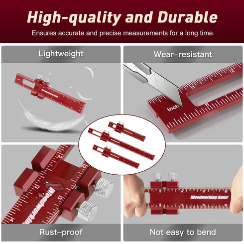 NEMOVA 3Pcs Woodworking Ruler, 6/8/12 Inch Precision Pocket Ruler with Stops, Aluminum Metal Ruler, Inch and Metric Measuring Ruler for Woodworker...