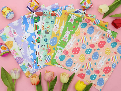 Pack of 8 Easter Fat Squares Polyester Fabric Sheets Bundles, 20" x 20", Assorted 8 Patterns Bunny Chicken Printed Patchwork Fabric Squares Materi...