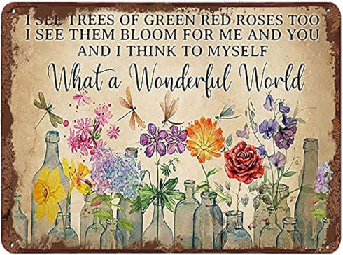 Dragonfly What A Wonderful World Flowers Funny Metal Tin Sign Wall Decor I See Trees of Green Red Rose Too Retro Tin Sign Vase Flowers Poster Plaq...