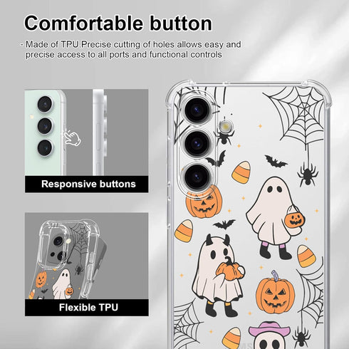 Halloween Case for Samsung Galaxy S24 Pumpkin, Ghost Cat Designed Soft Slim Fit TPU Anti-Scratch Shockproof Protective Mobile Cover Clear Phone Ca...