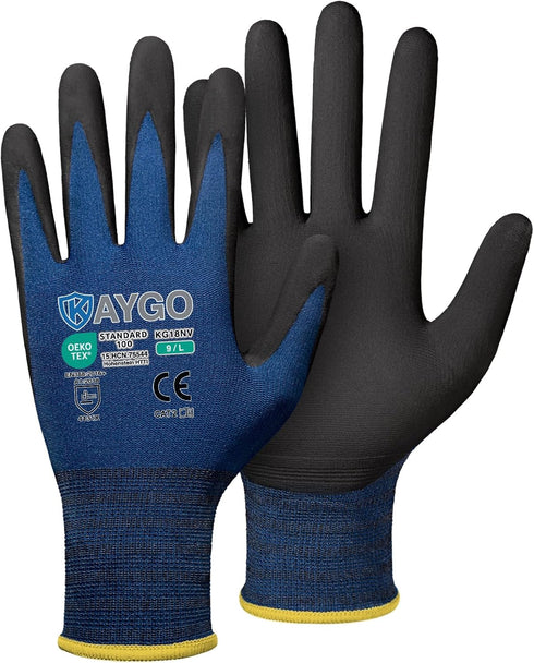 KAYGO Safety Work Gloves MicroFoam Nitrile Coated-3 Pairs, KG18NB,Seamless Knit Nylon Glove with Black Micro-Foam Nitrile Grip,Ideal for General P...