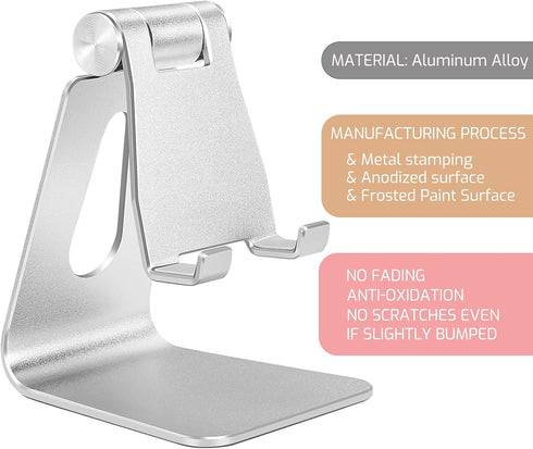Aluminum Alloy Cell Phone Stand,Adjustable Tabletop Metal Phone Holder,Desktop Phone Dock Holder,Smartphone Cradle,Silver......