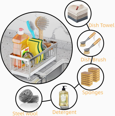 Kitchen Sink Caddy Sponge Holder Sink Caddy Organizer, 304 Stainless Steel Holder for Sink,Countertop with Removable Drain Tray with Diversion Dra...