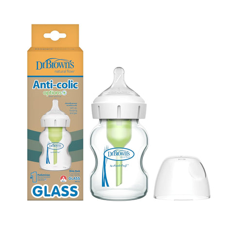 Dr. Brown's Natural Flow Anti-Colic Options+ Wide-Neck Glass Baby Bottle 5 oz/150 mL, with Level 1 Slow Flow Nipple, 1 Pack, 0m+...