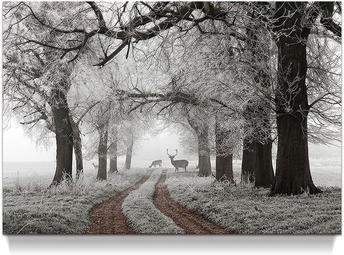 Winter Scene Canvas Wall Art: Nature Forest Landscape Prints White Snowy Trees Painting Wildlife Picture Elk Artwork for Living Room Bedroom Home ...