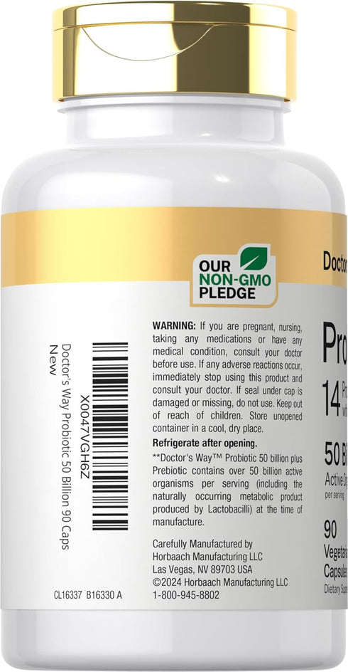 Doctor's Way Probiotic Supplement | 50 Billion Active Organisms | 90 Capsules | 14 Strains with Prebiotic | for Men and Women | Vegetarian, Non-GM...