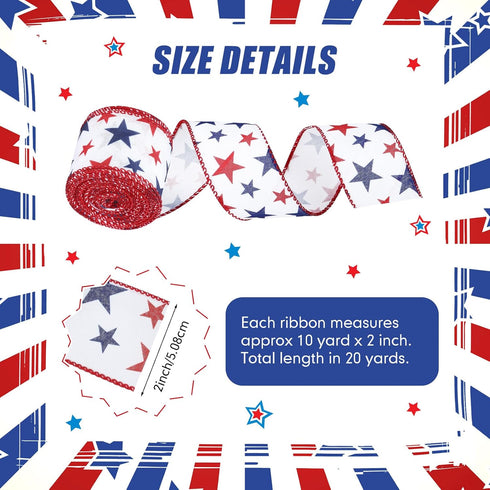 Xunyee 2 Rolls 20 Yards Red White Blue Ribbon Independence Day Stars Wired Edge Ribbon Fabric Patriotic Flag 4th of July Patriot Day Labor Day Rib...