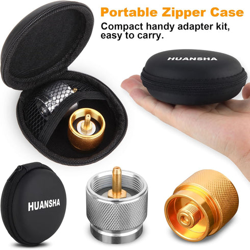 2PCS Butane To Propane Adapter For 1Lb Propane Small Tank, Gold Silver Camping Stove Adapter With Portable Zip Carry Case, Propane Canister Conver...