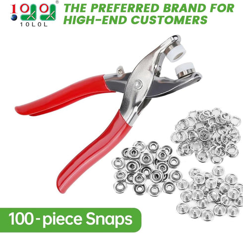 10L0L Metal Stainless Steel Snaps Buttons Kit, No-Sew Button Fasteners Studs with Fabric, 3/8 Inch Fastener Pliers (Snaps Pliers and 100 Pieces of...