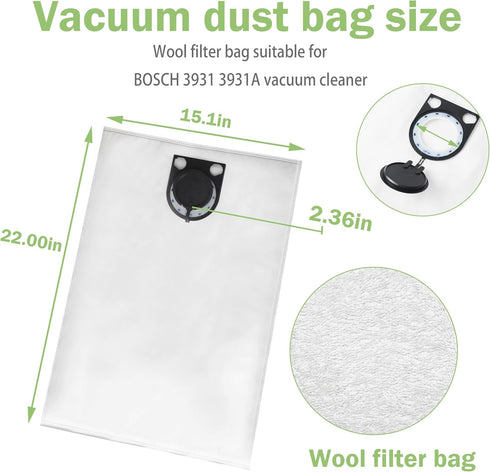 Vacuum Filter Bags for BOSCH Wet/Dry Dust Collector/vacuum Cleaner Model 3931 3931A Replacement Vacuum Filter Bags Wool Filter Bags, VAC013, White...