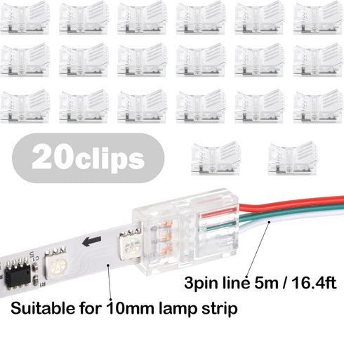 20 Pieces 3 Pin LED Light Connectors Strip to Wire Quick Connector LED Extension 3 Pin LED Strip Connector 10 mm Terminal Strip Connectors Clear T...