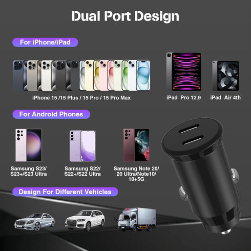 iPhone 15 Car Charger Fast Charging, 40W Dual Port USB C Car Charger with 2Pack USB C Cable 10ft,Type C Car Adapter for iPhone 15/15 Pro/15 Pro Ma...