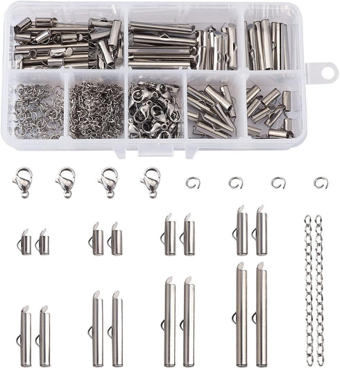 Beadthoven 260pcs 8sizes Stainless Steel Tube Slide On End Clasps with Twist Extender Chains Jump Rings Lobster Claw Clasps Crimp Cord Ends Findin...